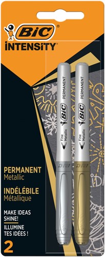 Viltstift Bic Intensity rond permanent fine metallic zilver en goud blister à 2 stuks