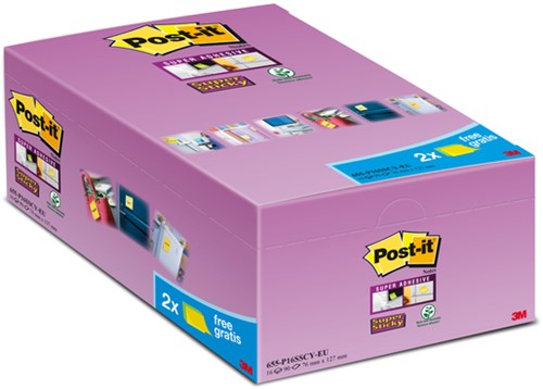 Memoblok Post-it 655 Super Sticky 76x127mm geel 14+2 gratis