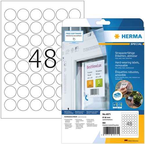 Etiket HERMA 4571 30mm rond folie wit 960 etiketten