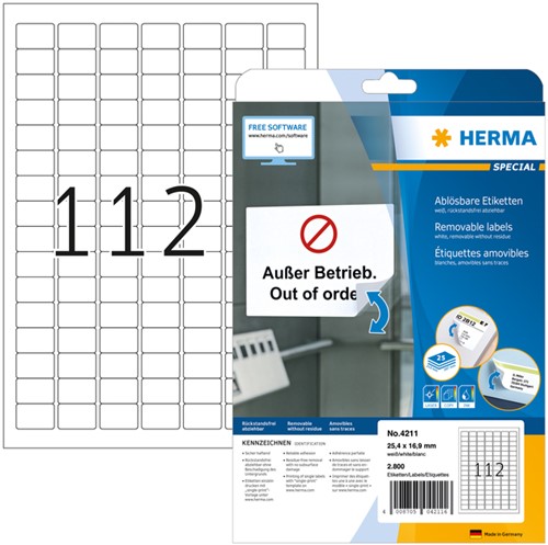 Etiket HERMA 4211 25.4x16.9mm verwijderbaar wit 2800 etiketten